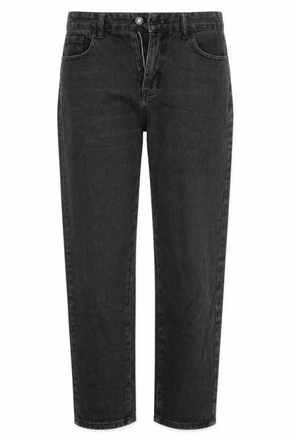 Front view of SHEIN women’s black denim straight jeans, size M, 27-inch leg