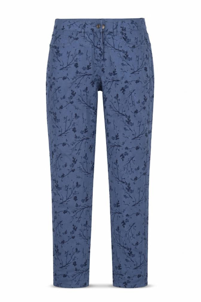 Front view of women’s blue floral denim straight jeans, size UK 30, in, 31-inch leg