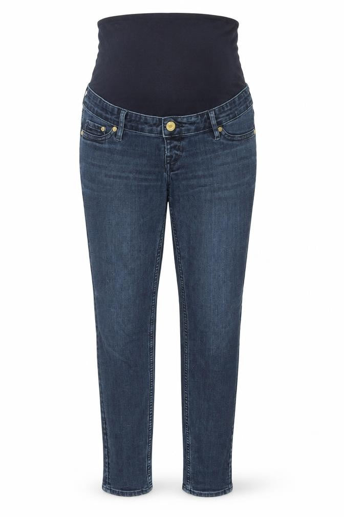 Front view of H&M women’s blue denim mom jeans, size UK 8, 30-inch leg