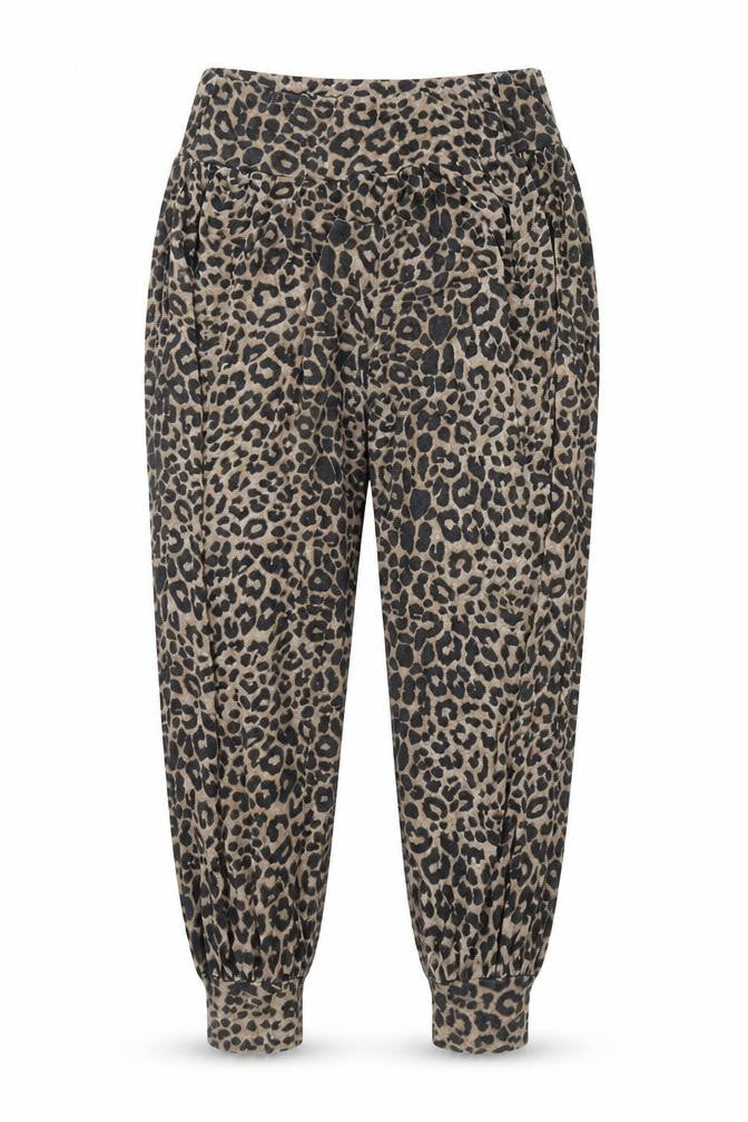 Front view of Preworn women’s brown animal print trousers, size UK 16, 29-inch leg