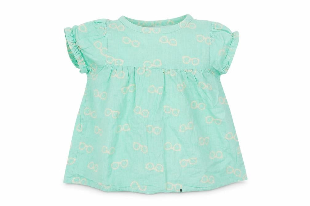 Front view of mamas & papas boys’ blue geometric basic t-shirt, size 3-6, months - glasses