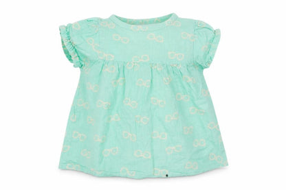 Front view of mamas & papas boys’ blue geometric basic t-shirt, size 3-6, months - glasses