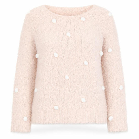 Front view of Love Knitwear women’s pink polka dot jumper, size UK 10