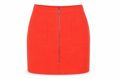 Front view of Preworn women’s red a-line skirt, size UK 32, in
