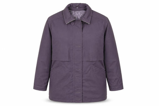 Front view of Preworn women’s purple jacket coat, size UK 8