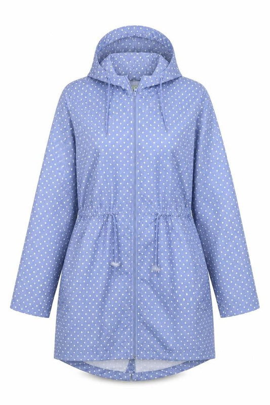 Front view of Parka in a Pocket women’s blue polka dot parka coat, size S