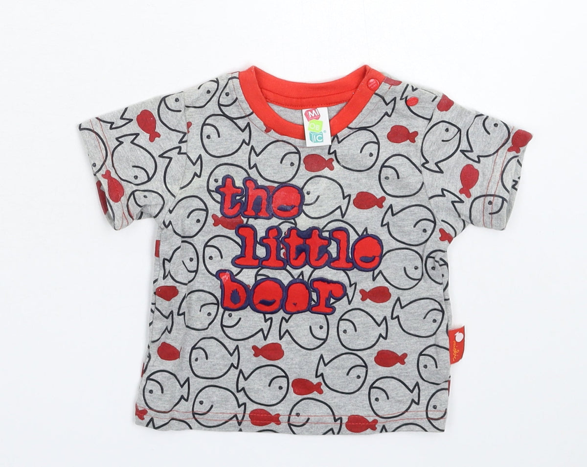 Additional front view of Miobic Baby Grey Basic T-Shirt, size 6-9, Months