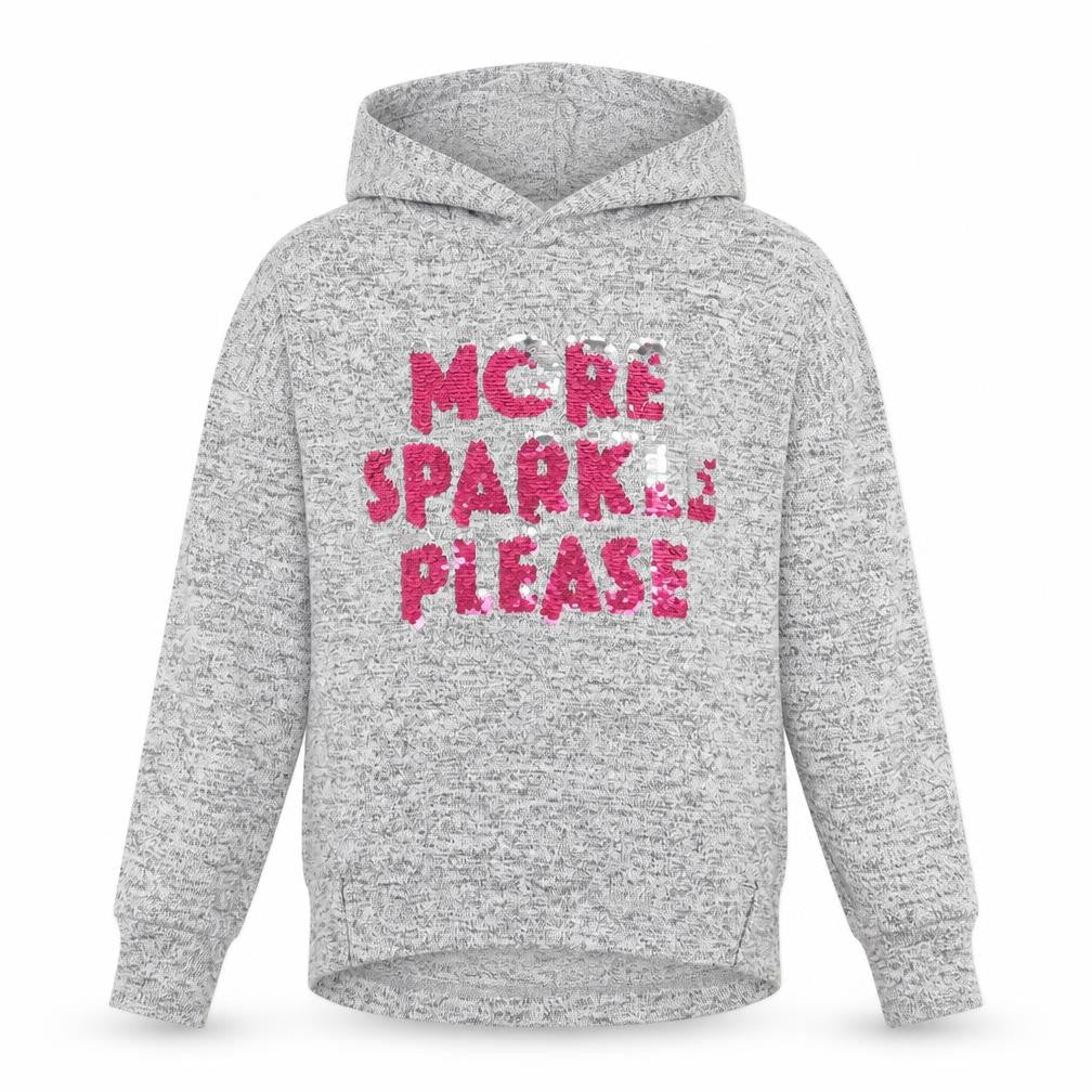 Front view of Tu girls’ grey knit pullover hoodie, size 9, years - more sparkle please