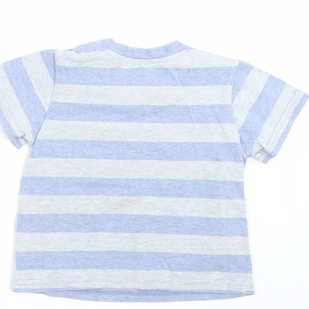 Brand and care label for Tu Baby Blue Striped Basic T-Shirt, size 6-9, Months