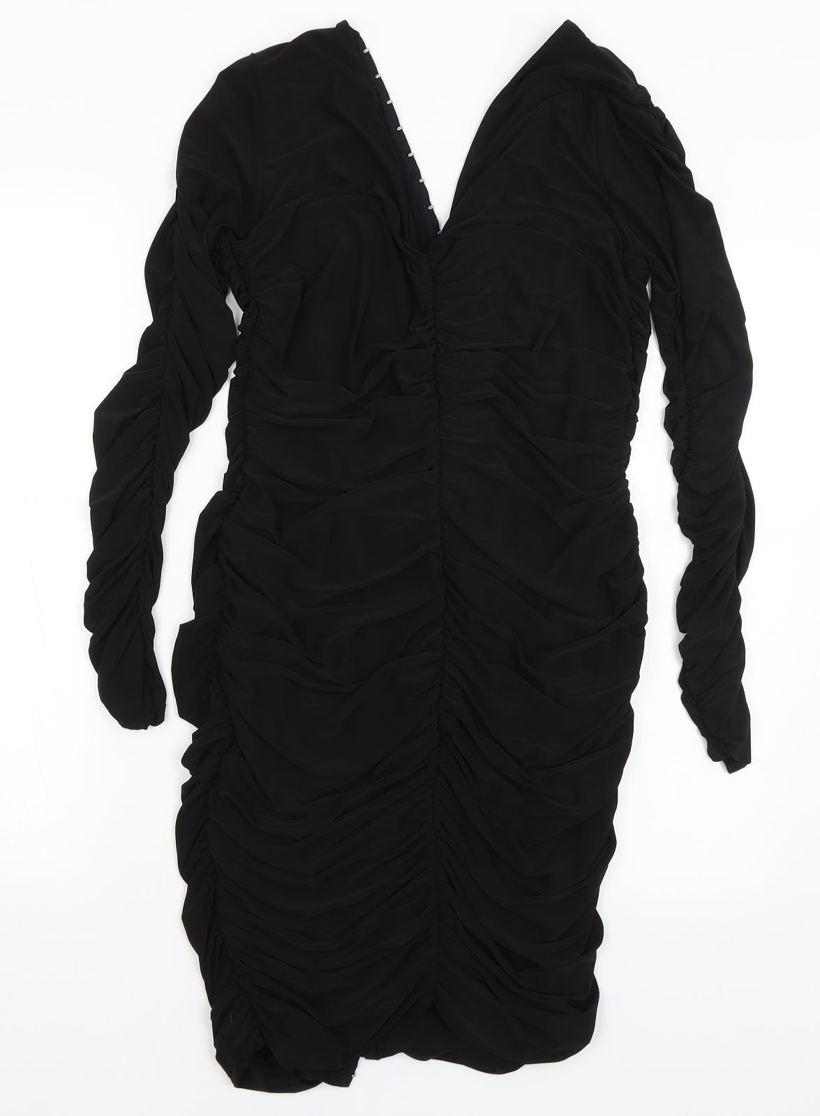 Back view of Sample women’s black bodycon, size S
