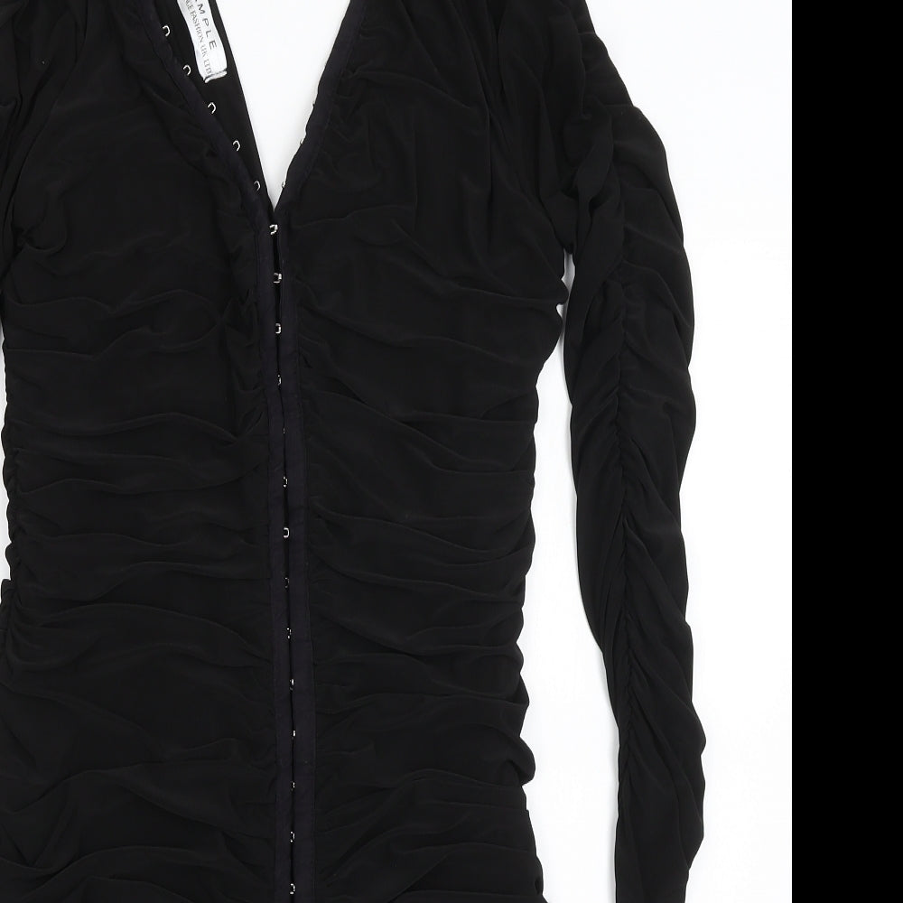 Close-up detail of Sample women’s black bodycon, size S