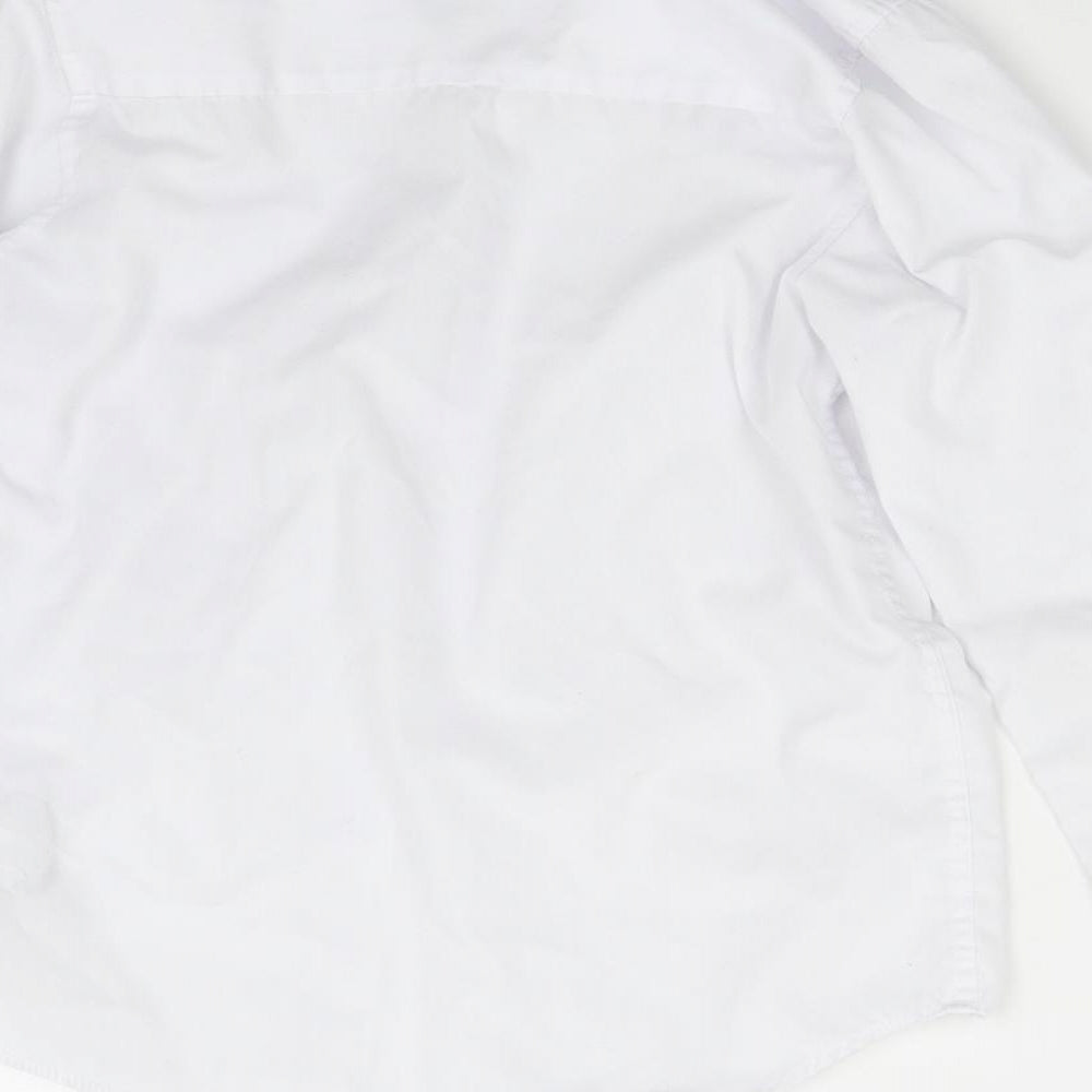Brand and care label for Next boys’ white basic button-up, size 8, years - school