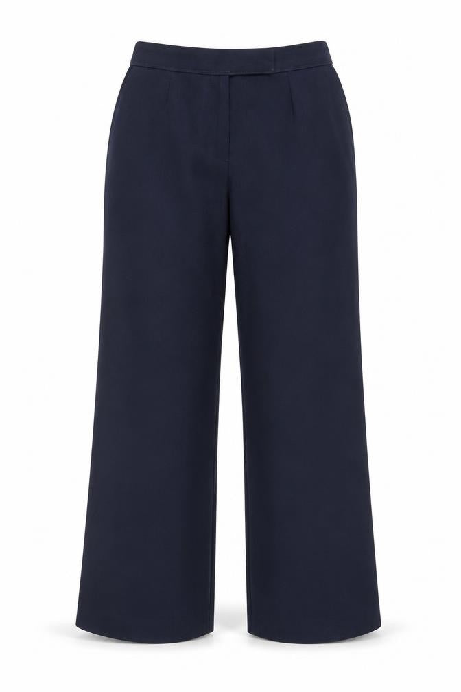 Front view of Preworn women’s blue trousers, size L, 28-inch leg