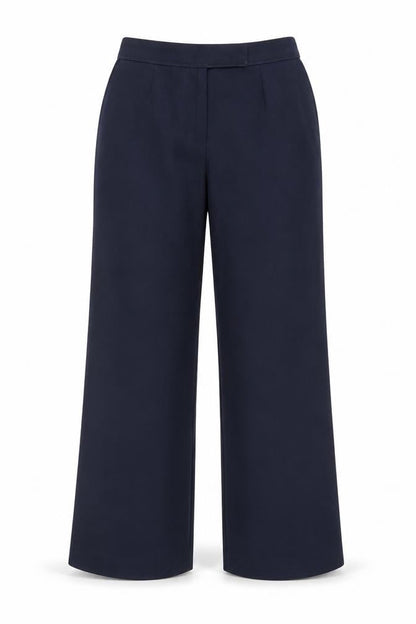 Front view of Preworn women’s blue trousers, size L, 28-inch leg