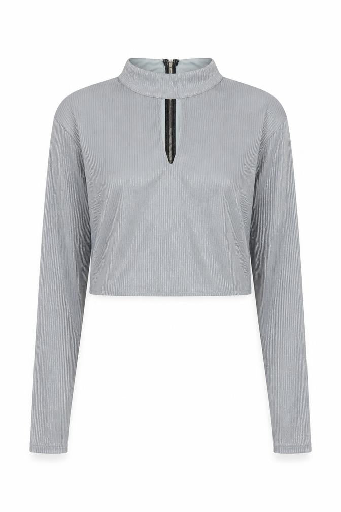 Front view of Love Other Things women’s silver basic blouse, size S