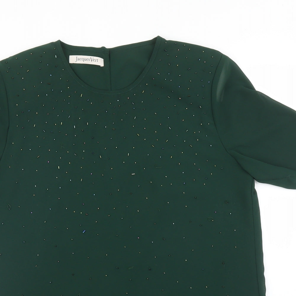 Close-up detail of Jacqes Vert women’s green basic blouse, size UK 10
