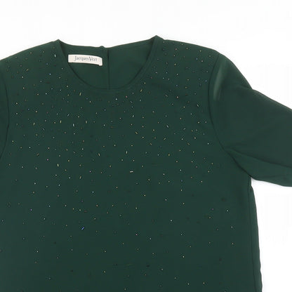 Close-up detail of Jacqes Vert women’s green basic blouse, size UK 10