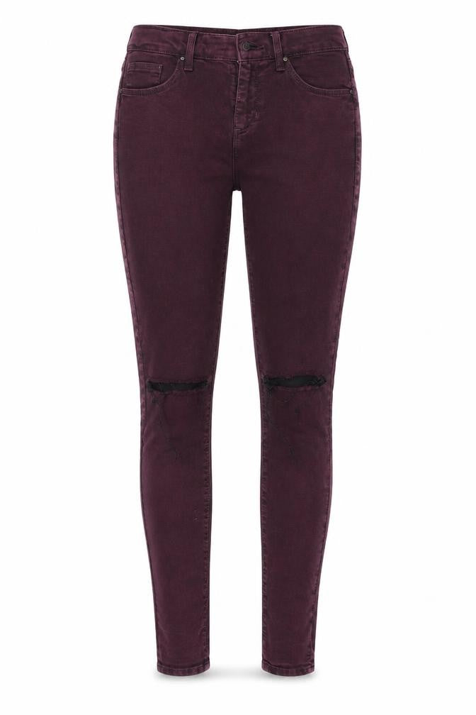 Front view of Topshop women’s purple skinny jeans, size UK 28, 32-inch leg