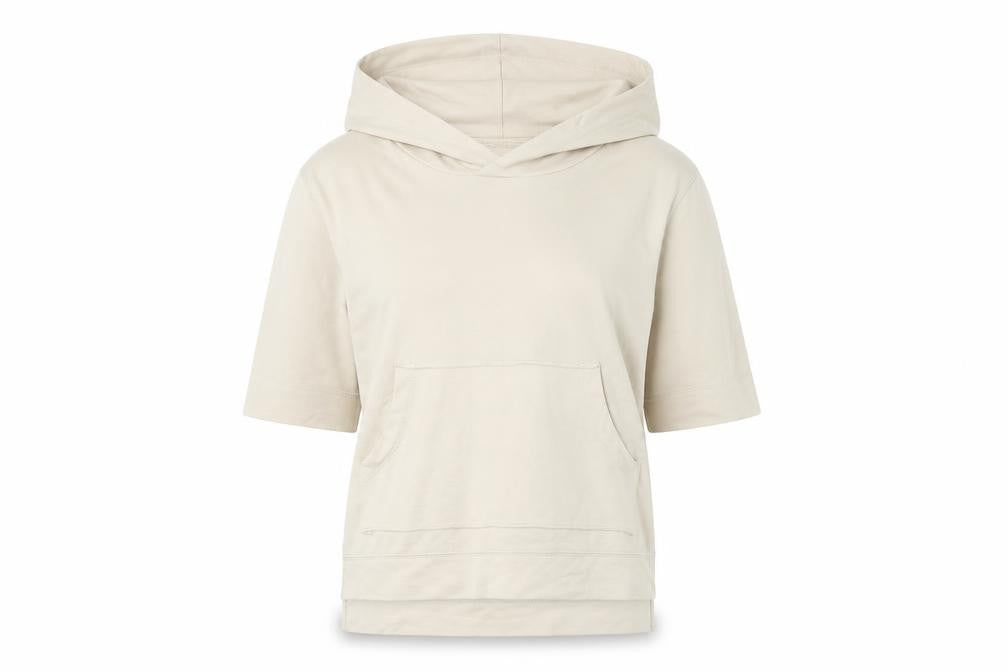 Front view of yfl women’s beige pullover hoodie, size S