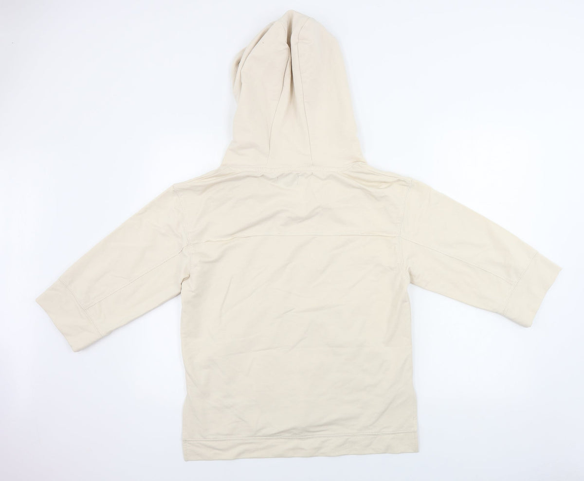 Back view of yfl women’s beige pullover hoodie, size S