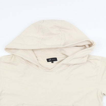 Close-up detail of yfl women’s beige pullover hoodie, size S