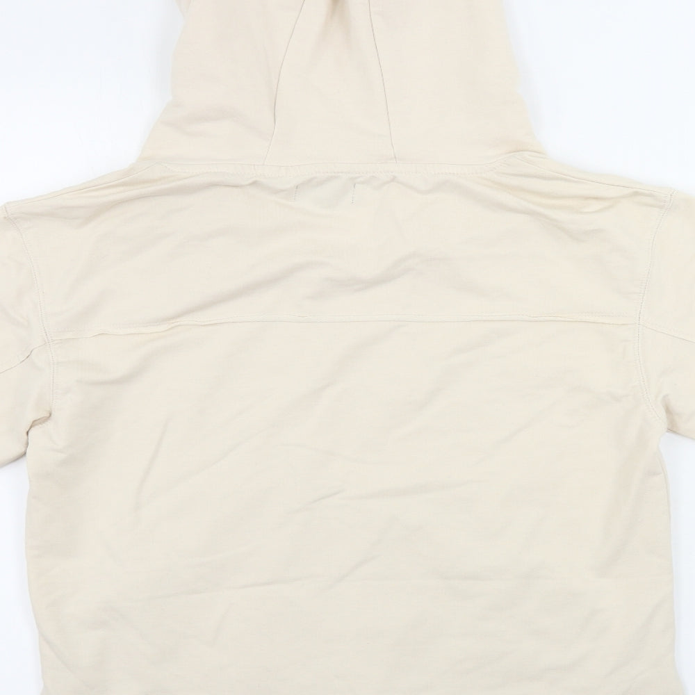 Brand and care label for yfl women’s beige pullover hoodie, size S