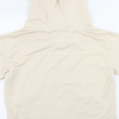 Brand and care label for yfl women’s beige pullover hoodie, size S