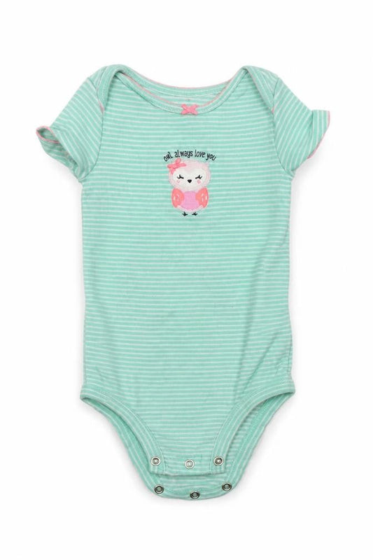 Front view of simple joys girls’ blue striped babygrow one-piece, size 12, months