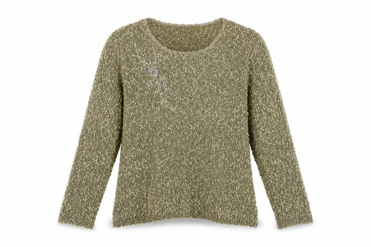 Front view of ALEXARA women’s green jumper, size M