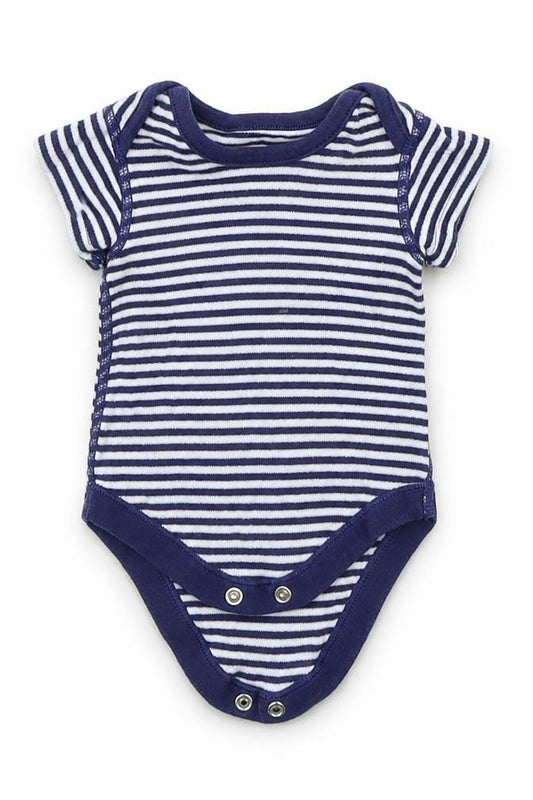 Front view of Marks & Spencer Baby Blue Striped Babygrow One-Piece, size 0-3, Months