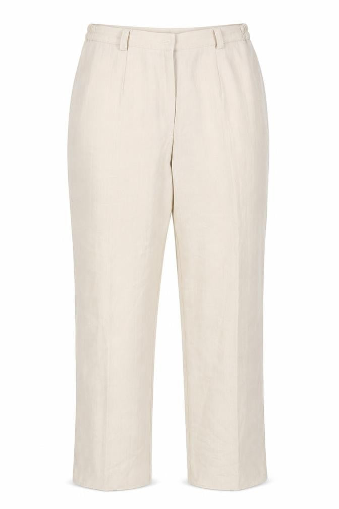 Front view of Preworn women’s beige trousers, size UK 14, 32-inch leg