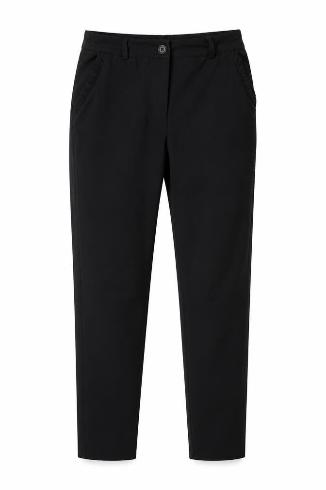 Front view of Preworn women’s black trousers, size UK 8, 28-inch leg