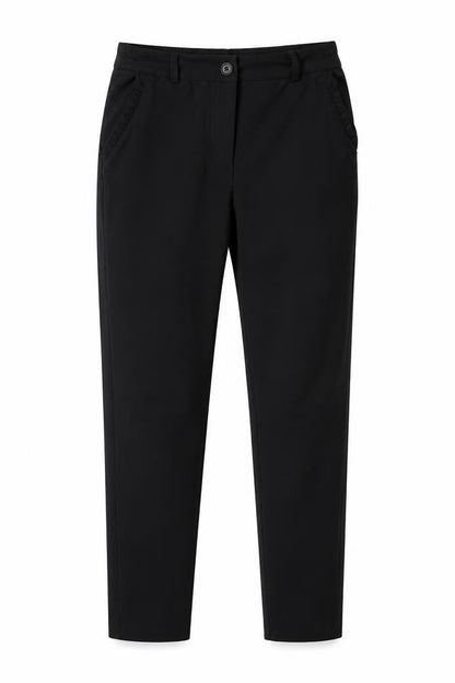 Front view of Preworn women’s black trousers, size UK 8, 28-inch leg