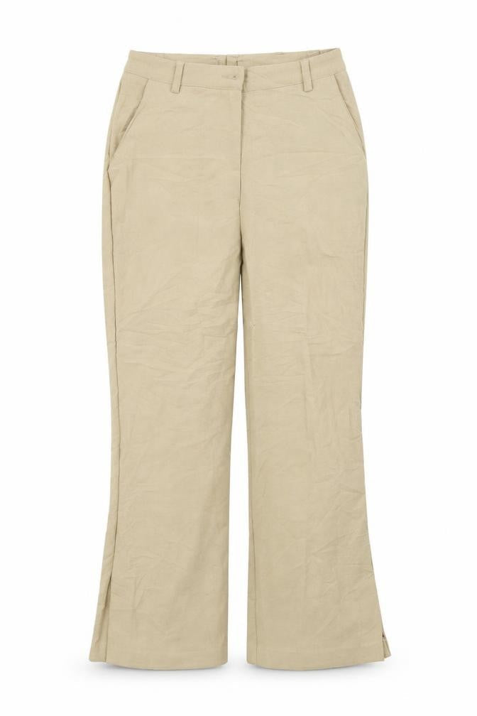 Front view of Preworn women’s beige trousers, size UK 8, 26-inch leg