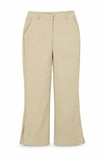 Front view of Preworn women’s beige trousers, size UK 8, 26-inch leg