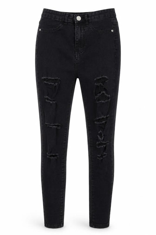 Front view of Boohoo women’s black skinny jeans, size UK 12, 31-inch leg