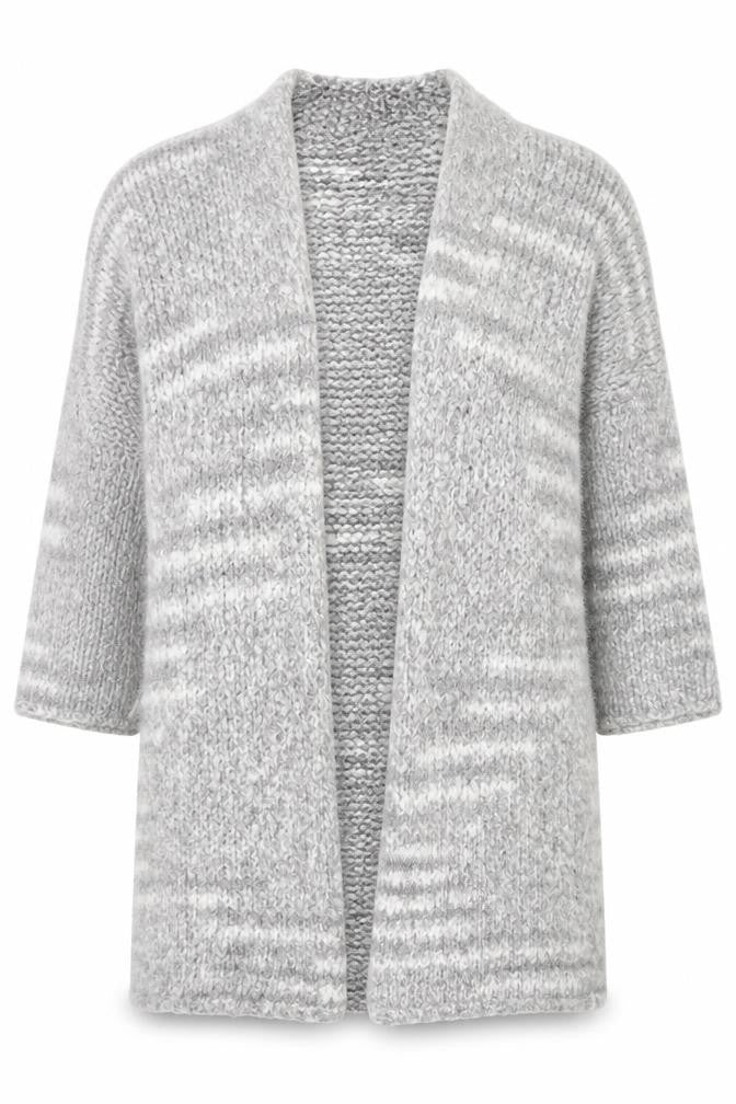 Front view of Papaya women’s grey striped cardigan jumper, size M, - longline cardigan