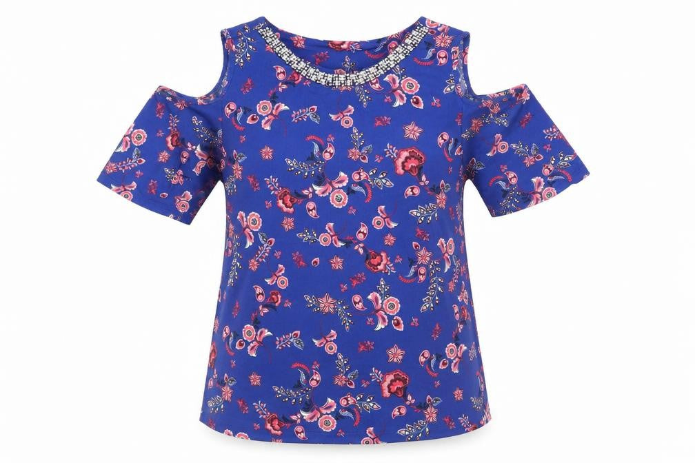 Front view of George women’s blue floral tunic blouse, size UK 12, - cut out shoulders
