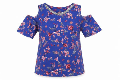 Front view of George women’s blue floral tunic blouse, size UK 12, - cut out shoulders