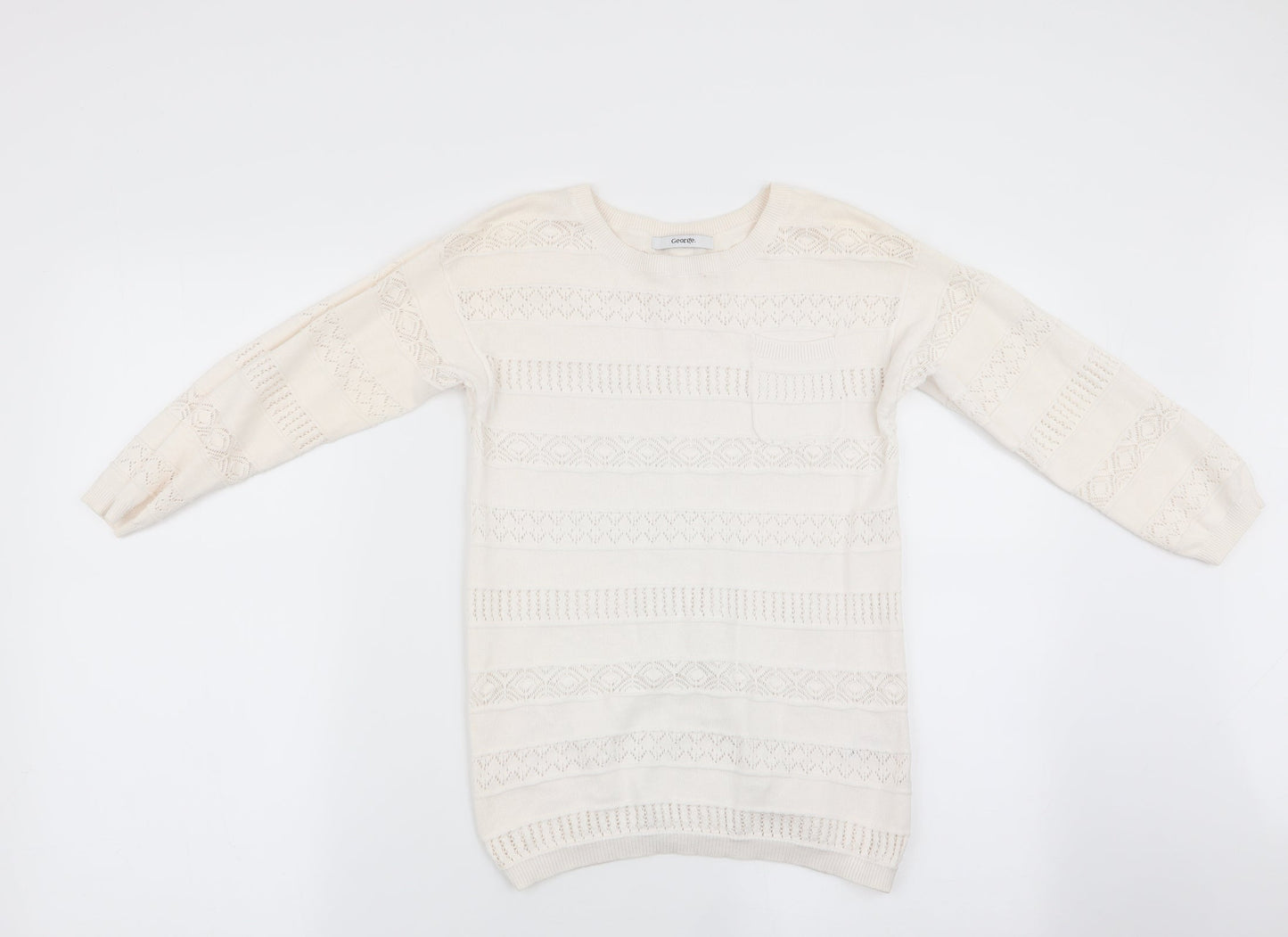 George Girls Ivory Striped  Pullover Jumper Size 10-11 Years  - Crochet style detail