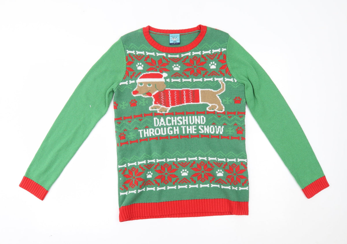 Additional front view of norther pole women’s green jumper, size S, - christmas