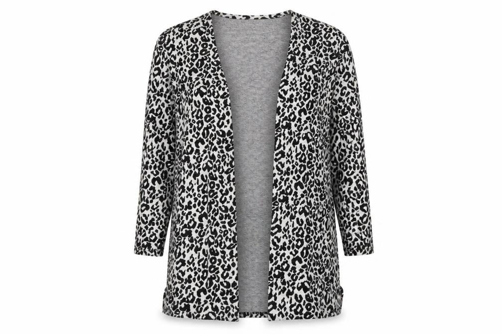 Front view of H&M women’s grey animal print cardigan jumper, size M