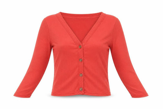 Front view of Miss Selfridge women’s red cardigan jumper, size UK 10