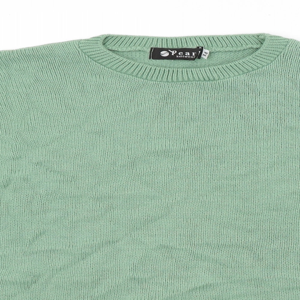 Close-up detail of Pearl women’s green jumper, size UK 14