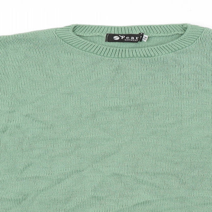 Close-up detail of Pearl women’s green jumper, size UK 14