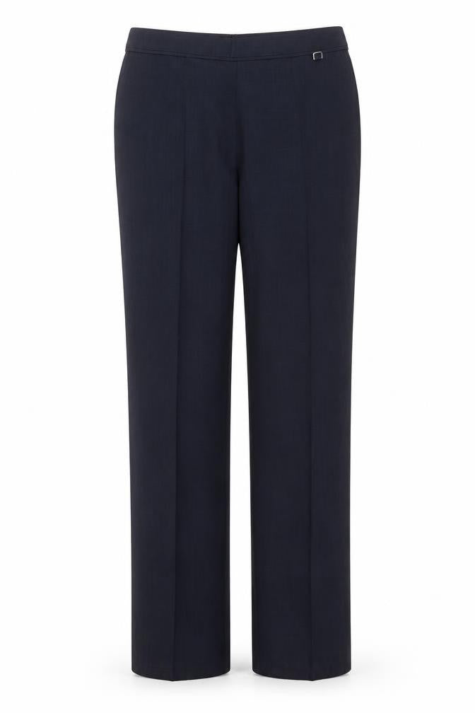 Front view of Marks & Spencer women’s blue trousers, size UK 12, 30-inch leg