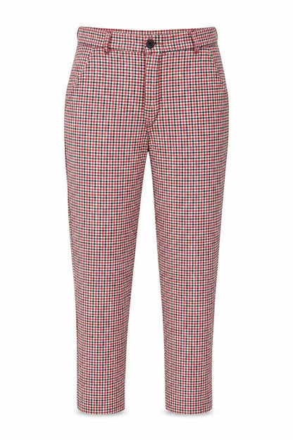 Front view of Preworn women’s red plaid trousers, size S, 24-inch leg