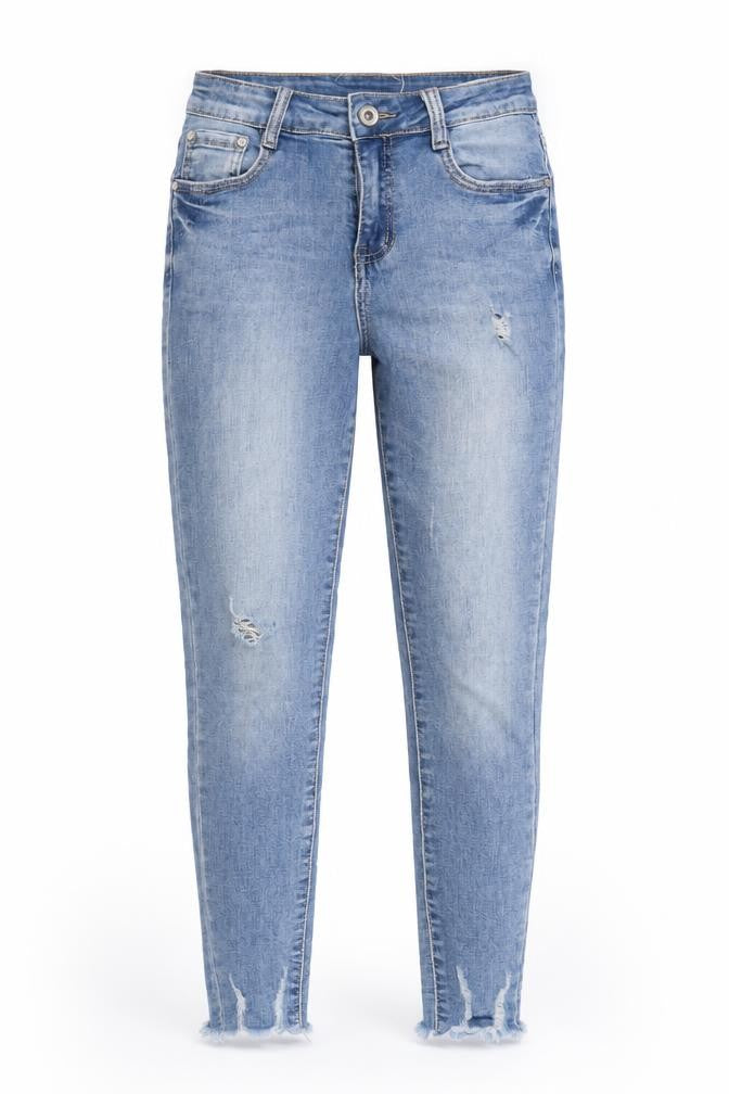 Front view of women’s blue denim skinny jeans, size UK 27, 26-inch leg