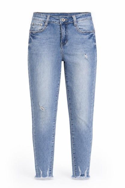 Front view of women’s blue denim skinny jeans, size UK 27, 26-inch leg