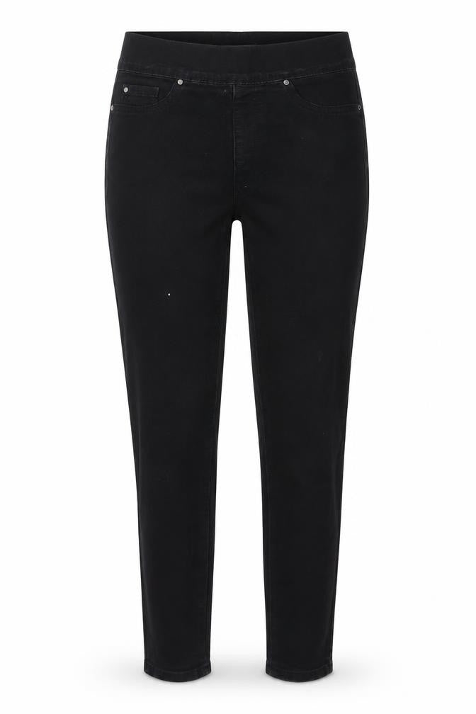 Front view of Denim & Co. women’s black denim skinny jeans, size UK 8, 27-inch leg